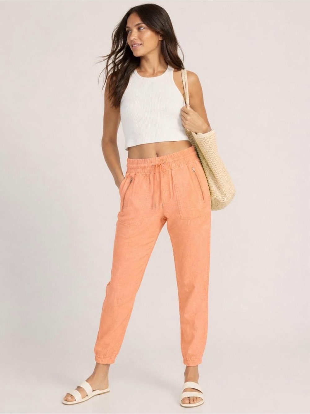 Athleta Apricot Orange Linen Blend Cargo Joggers Pants Size 12 EUC